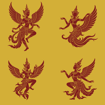 Elegant Kinnari silhouette featuring a mythical Thai celestial bird maiden with graceful wings and traditional ornamental details. Premium vector design inspired by Thai heritage and mythology.