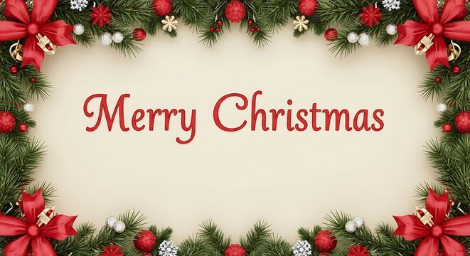 Merry christmas festive border evergreen garland with red poinsettias and ornaments