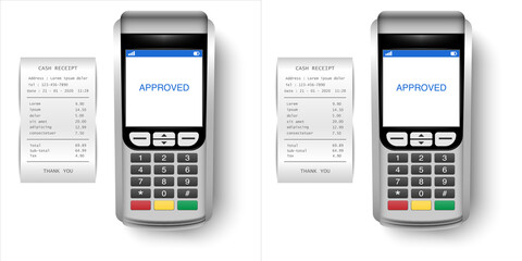 Point of sale pos terminals with cash receipts showing approved transactions, electronic payment concept, isolated on transparent background © Salman