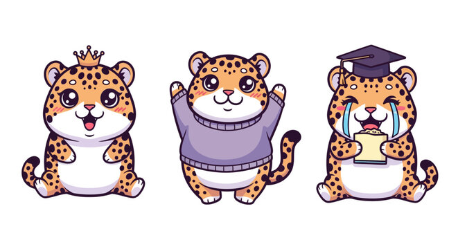 Cute cartoon leopard characters in different outfits.