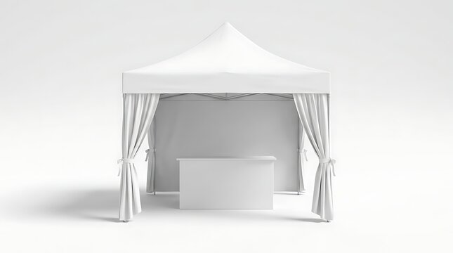 Empty exhibition tent booth with counter and curtains for trade show event, outdoor market stall, promotional display space, retail pop up shop, event booth rental.