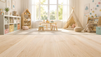 Empty Wooden Table Top with Blurred Colorful Kids Playroom Interior Background © TAN JESSADA