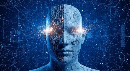 Obraz premium Futuristic humanoid robot head with glowing eyes and digital circuit board patterns on blue background.