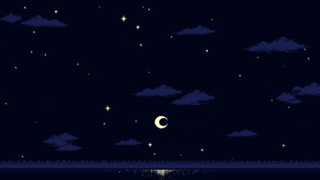Slow pan tracking of crescent moon rising over pixel art ocean shoreline with glowing reflection under starry night sky and drifting clouds
