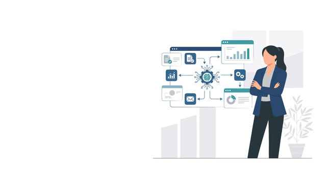 Confident businesswoman standing next to a digital dashboard showing data analytics
