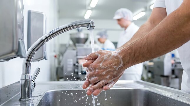 Person washing hands thoroughly with soap and water under faucet in industrial kitchen sink for hygiene.