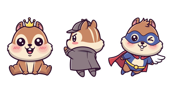 Cartoon chipmunks in different costumes and outfits.