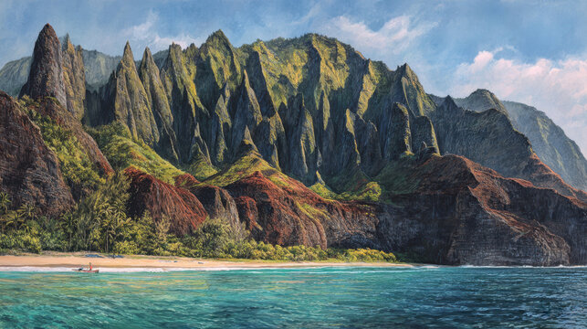 Majestic volcanic mountain ridges with sharp green peaks rising over a tropical turquoise ocean bay coast with small boat panoramic watercolor landscape painting illustration of exotic island