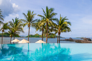 Obraz premium Luxury tropical resort swimming pool with palm trees and ocean view