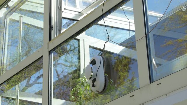 Automatic window cleaning robot cleans large glass surfaces of a modern veranda.