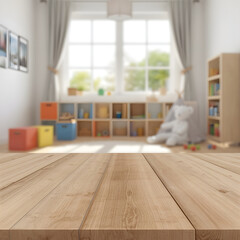 Empty Wooden Table Top with Blurred Colorful Kids Playroom Interior Background © TAN JESSADA