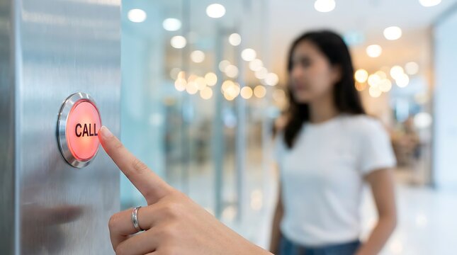 Person finger presses luminous red call button on stainless steel elevator panel with blurred woman standing in background inside modern commercial office hallway.
