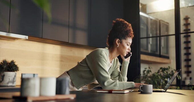 Laptop, woman and remote work in home with phone call, HR support or typing for payroll administration. Person, tech and contact in house with human resources job, compensation policy and discussion.
