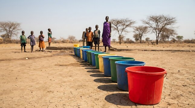 Drought stricken village children and adults line up colorful buckets at water well pump for precious clean water scarcity relief and global humanitarian aid in arid rural Africa.
