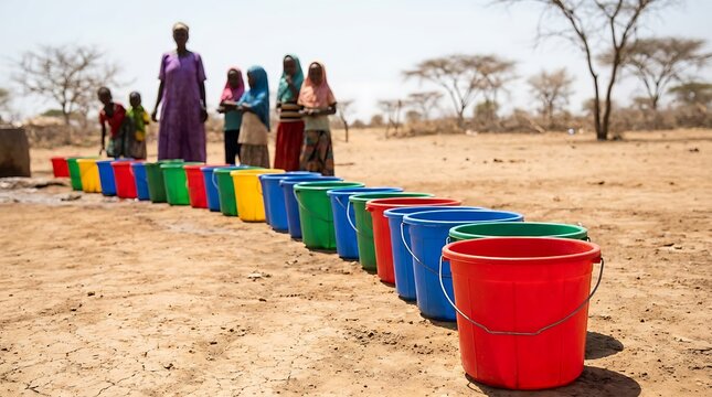 Drought stricken village children and adults line up colorful buckets at water well pump for precious clean water scarcity relief and global humanitarian aid in arid rural Africa.