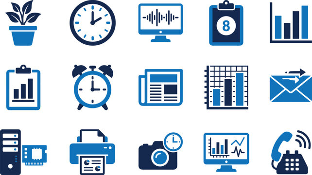 Set of blue and dark blue simple flat vector icons for business and finance tasks on transparent background.