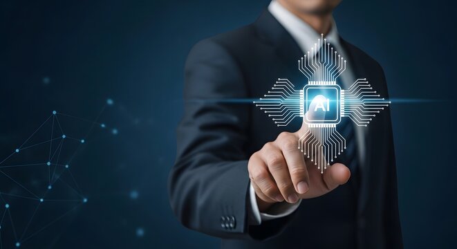 Artificial intelligence processor icon on virtual screen, businessman touching AI chip interface, futuristic machine learning technology concept
