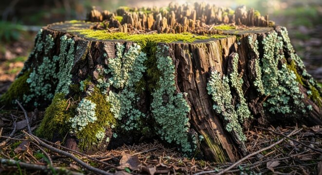 An old tree stump covered in vibrant moss and lichen in a sunny forest.