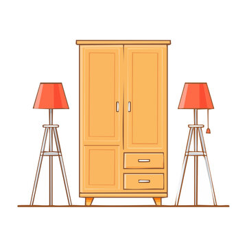 Flat design wardrobe with lamps and shelves