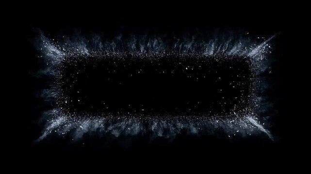 Slow motion static shot of particle splash forming rectangular frame border with expanding dispersing droplets on black studio background, high contrast