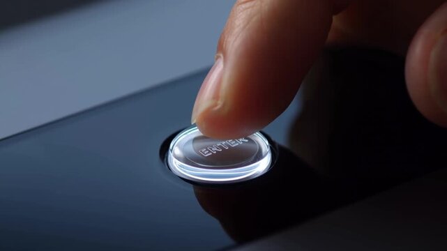 Close up tracking shot of finger pressing illuminated enter button on glossy device surface in studio with reflection