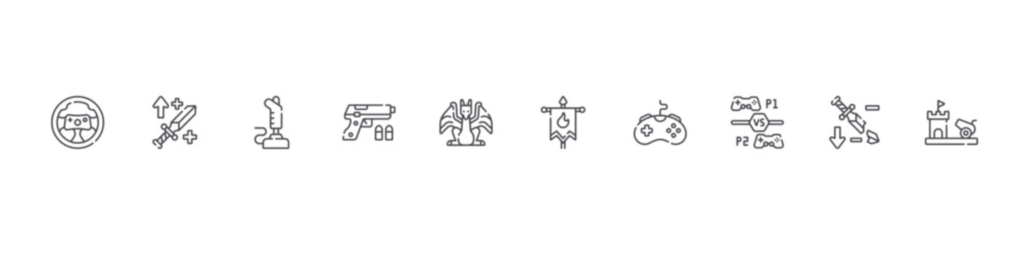 set of 10 thin line videogame icons such as steering wheel, buff, joystick, gun, final boss, banner, game controller, multiplayer, nerf, cannon. editable stroke vector illustration isolated on white