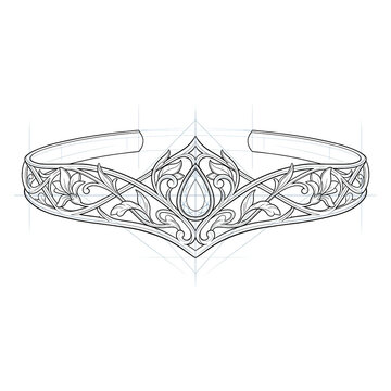 Hand drawn sketch of intricate elven metal circlet front view.