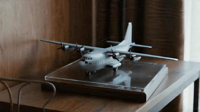 A detailed scale model of a grey military transport aircraft displayed on a glass stand over a wooden table.