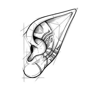 Hand drawn sketch of pointed ear with tribal scarification isolated. Line art illustration.