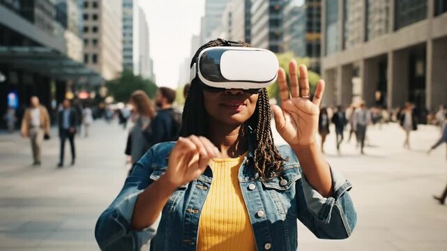 Woman experiencing virtual reality in a bustling city environment with VR headset.
