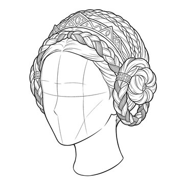 Hand drawn sketch of velvet wrapped double braids three quarter view isolated. Line art illustration.
