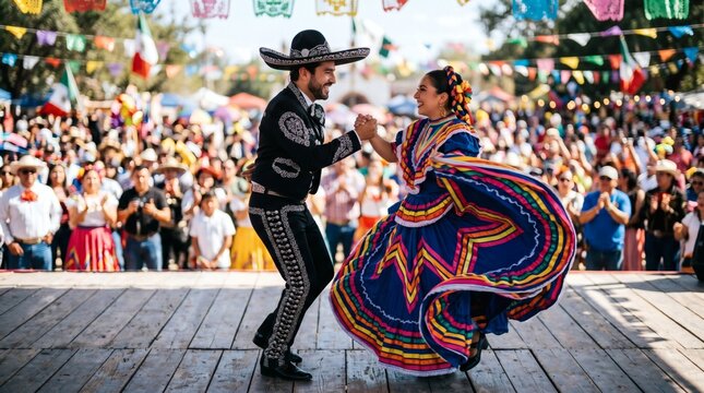 Smiling Mexican couple performing the traditional Jarabe Tapatio folk dance.