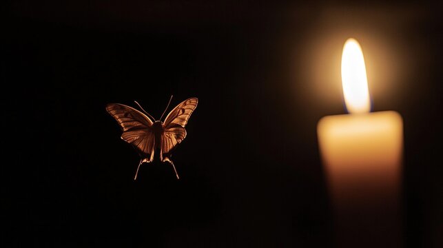 wingbeat. Single moth in flight approaching a warm candle glow in darkness. symbolizing life milestones and joyful moments, wildlife magazines, designed for wildlife conservation campaigns.
