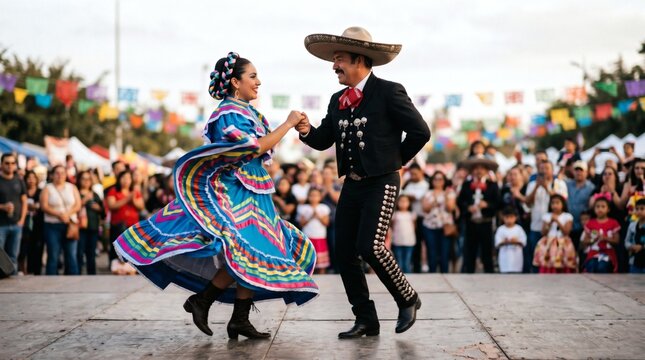 Mexican couple dancing Jarabe Tapatio in traditional Jalisco dress and charro