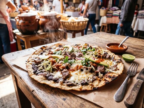 Steaming Mexican tlayuda with melted Oaxacan cheese on a rustic wooden table
