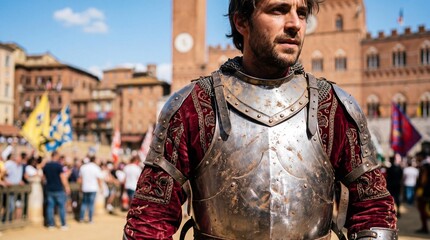 Naklejka premium Medieval knight in steel armor and red velvet at the Palio di Siena festival