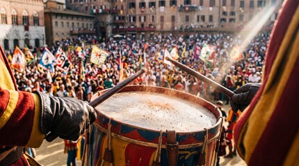 Naklejka premium Medieval drummer playing a drum during the historic Palio di Siena parade