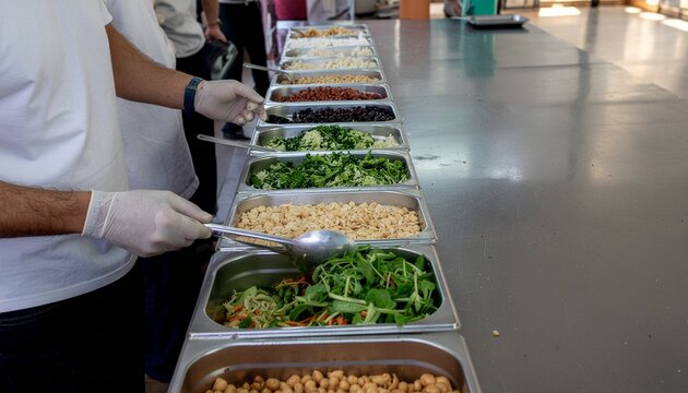 Professional Food Service Staff Preparing Fresh Salad Ingredients in Large Metal Containers at a Self Serve Cafeteria Buffet Line
