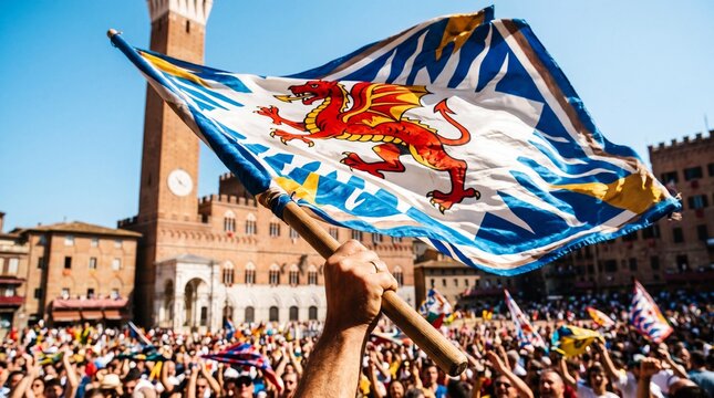 Hand waving a medieval contrada flag at the historic Palio di Siena in Italy