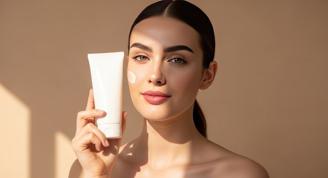 Gorgeous female model holding white plastic cosmetic tube near her perfect face for moisturizing lotion commercial banner template