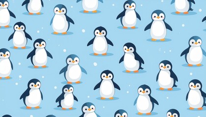 Obraz premium Cute winter penguin seamless pattern vector illustration on blue background
