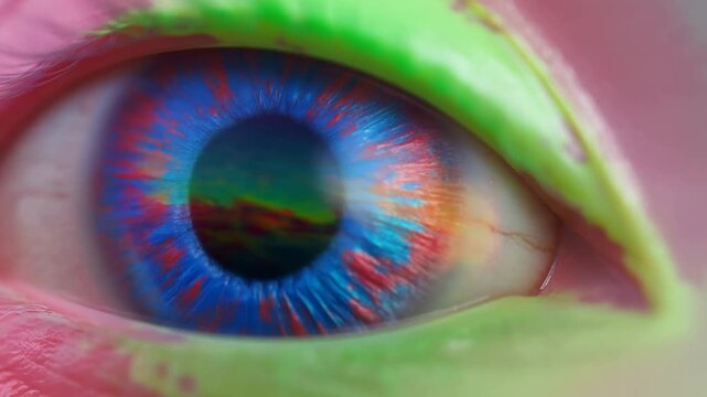 Macro tracking shot of human eye zooming in as pupil dilates revealing colorful iris reflections in studio close up with neon color pattern and subtle rotation of gaze