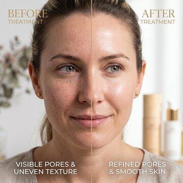 Before and after skincare treatment visual for pore refinement. Detailed macro shot of a woman's face 