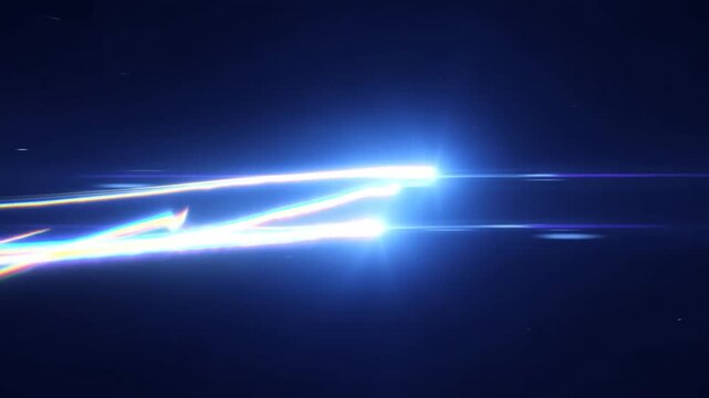 Tracking shot of glowing light streaks moving across dark cosmic void with prism chromatic aberration and lens flare in slow motion