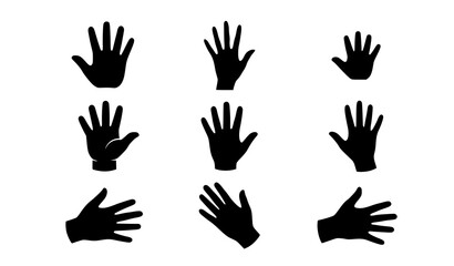 Obraz premium Human palm hand vector silhouettes set with detailed open hand shapes and minimalist anatomy finger signs isolated on white background