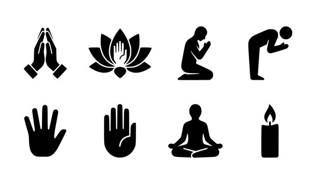 Minimalist prayer and respect flat vector icons set with professional namaste folded hands gratitude and corporate appreciation symbols