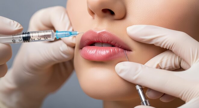Professional dermatologist hands in medical gloves performing cosmetic filler injection into young female model lips close up