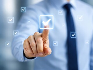 Obraz premium Checklist Success: A man in a suit presses a glowing checkmark on a digital interface, symbolizing task completion and efficiency in a modern business setting.