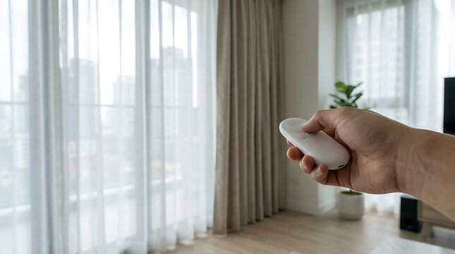 Hand holding remote control to operate motorized curtains in a modern apartment living room natural light filtering through sheer window coverings.