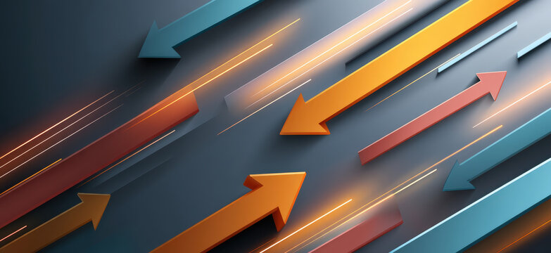 An abstract arrangement of directional arrows, with a distinct upward and downward movement, creates a dynamic visual representation of progress, decline, and strategic direction.